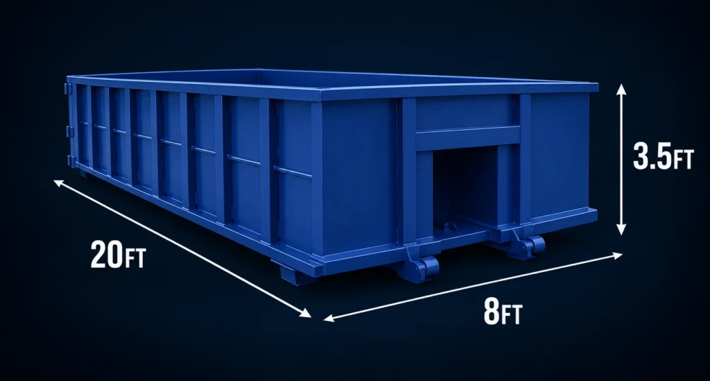20 yard dumpster diagram showing dimensions: 20 feet long, 8 feet wide, 3.5 feet high